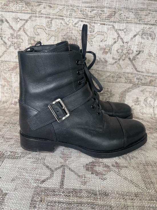 Prada Shoes - Prada Monk Strap Black Leather Lace-Up Combat Ankle Boots with Buckle